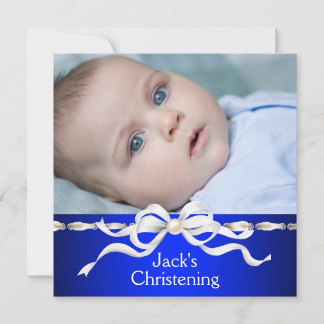 Convites Marinho Branco Blue Baby Boy Photo Christening (Frente)