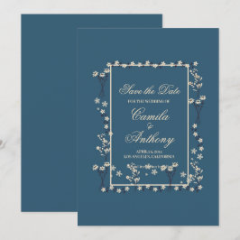 Convites Marinho Branco Borda Floral Casamento Salvar Data