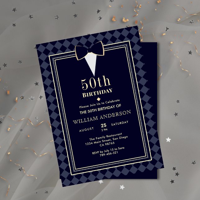 Convites Marinho brilhante Azul e Dourado Etapa do Marco do (Glamorous Navy Blue & Gold Tuxedo Milestone Age Invitation )