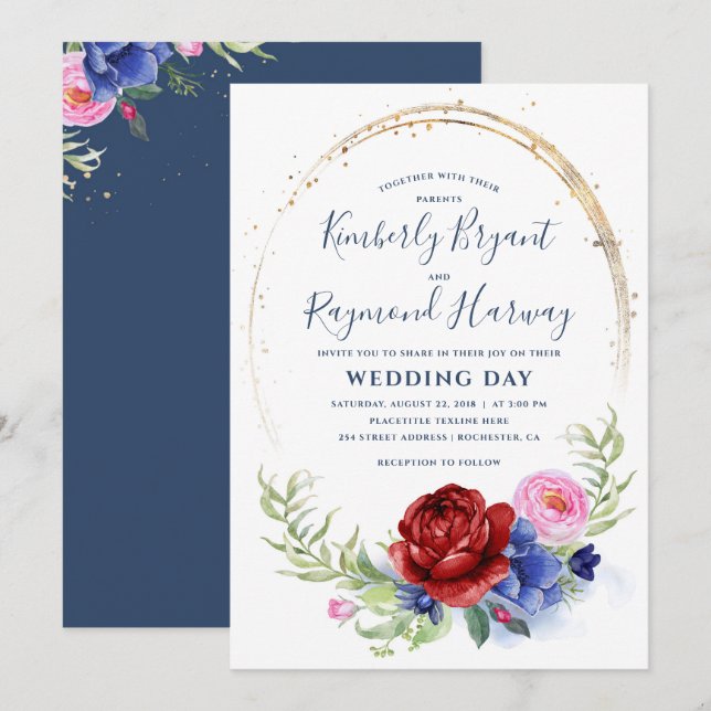 Convites Marinho Brilhante Blush e Casamento Floral Dourado (Frente/Verso)