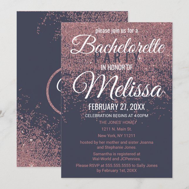 Convites Marinho brilhante Dourado rosa Bachelorette Azul (Frente/Verso)