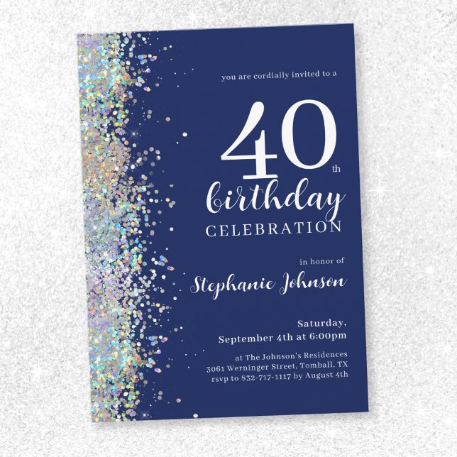 Convites Marinho brilhante elegante aniversário de 40 anos  (Elegant Glitter Navy Blue 40th Birthday Invitation)