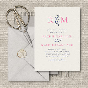 Convites Marinho Brilhante, Rosa Simples Casamento Monogram