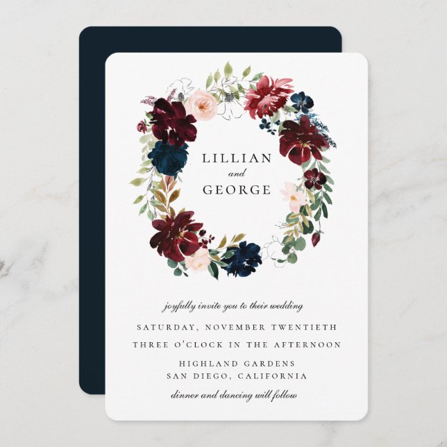 Convites Marinho Burgundy Blush Floral Wreath Casamento (Frente/Verso)