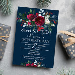 Convites Marinho burgundy peonies inverno floral doce dezes<br><div class="desc">Floral chic elegante invernal doce 16/16 convite de aniversário no escuro azul de marinho à meia-noite apresentando rosas de peônias vermelhas e pinheiro verde abeto sazonal ramos e folhagem. Preencha suas informações nos pontos, Você pode optar por personalizá-las, alterando ainda mais a cor do marinho de fundo, as fontes e...</div>