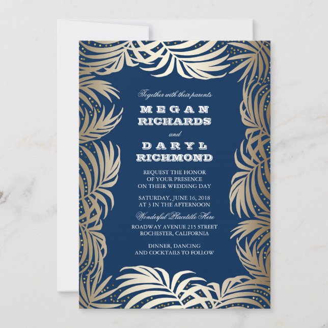 Convites Marinho - Casamento Dourado com Palm Leaf Beach (Frente)