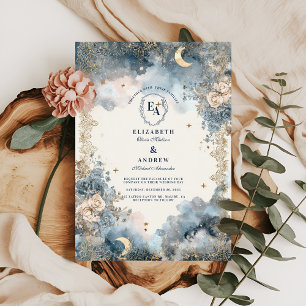 Convites Marinho Celestial e Casamento Floral Dourado