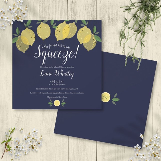 Convites Marinho  Chá de panela Azul (Main Squeeze Lemons Navy Blue Bridal Shower Invitation)