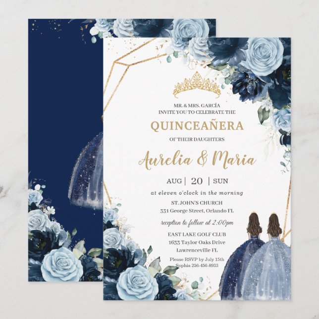 Convites Marinho Chic Baby Blue Floral Girins Quinceañera (Frente/Verso)