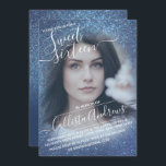 Convites Marinho Chic Blue Glitter Foto do Omã Doce 16<br><div class="desc">Este elegante, feminino e doce convite de aniversário de 16 fotos é perfeito para a adolescente da moda e na moda. Ele retrata um brilho cintilante azul-marinho e gradiente ombre colorido impresso com uma configuração personalizada de tipografia cursiva de script. É um toque glamouroso, feminino, simples e único numa tendência...</div>