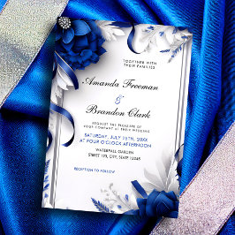 Convites Marinho Chic Blue & Silver Flowers Fitas Casamento