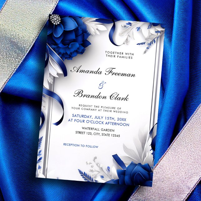 Convites Marinho Chic Blue & Silver Flowers Fitas Casamento (Criador carregado)