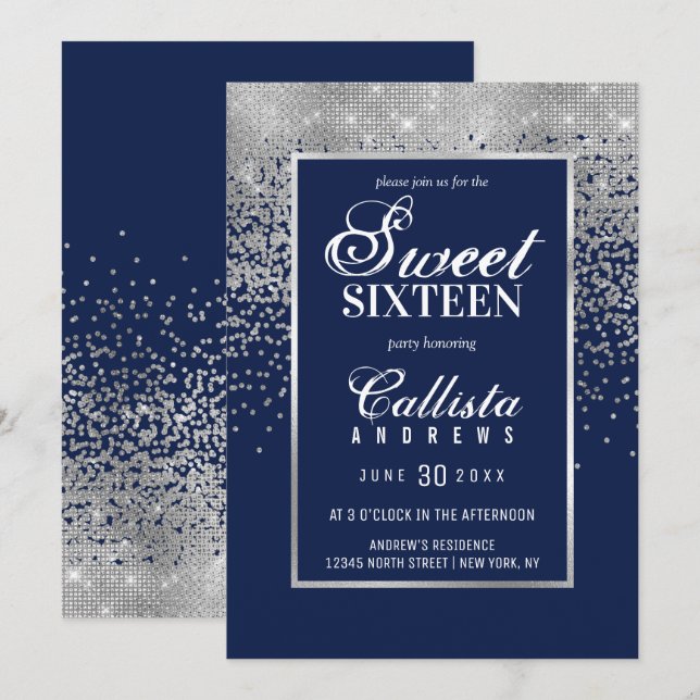 Convites Marinho Chic Blue Silver Glitter Confetti Sweet 16 (Frente/Verso)