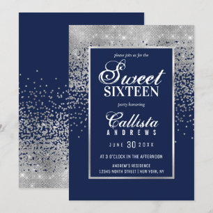 Convites Marinho Chic Blue Silver Glitter Confetti Sweet 16