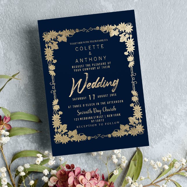 Convites Marinho clássico, azul, dourado, borda floral (Classy navy blue gold floral frame border Wedding)