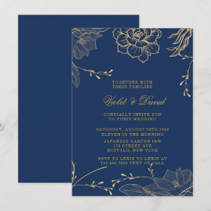Convites Marinho Clássico Azul e Florais Dourados Invitati