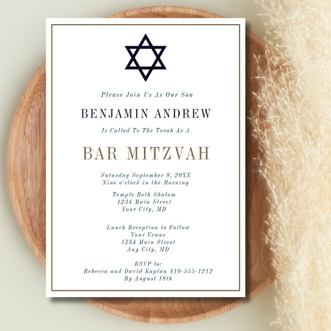 Convites Marinho clássico Bar azul Dourado Estrela Bat Mitz (Navy Blue Gold Jewish Star of David Bar Bat Mitzvah Invitation for son or daughter)