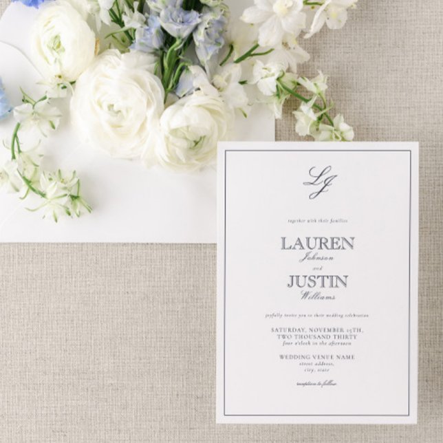 Convites Marinho Clássico Casamento de Monograma Azul (Criador carregado)