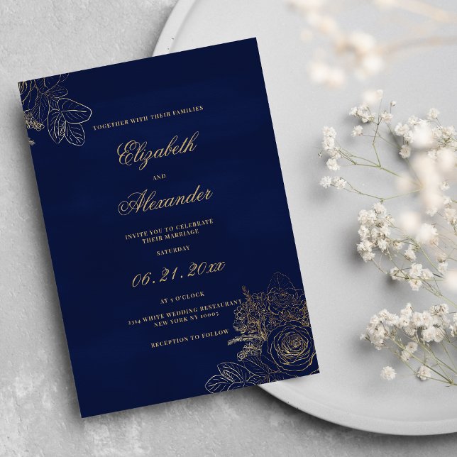 Convites Marinho clássico Elegante, folha de ouro azul, cas (Elegant classic navy blue gold foil floral wedding)