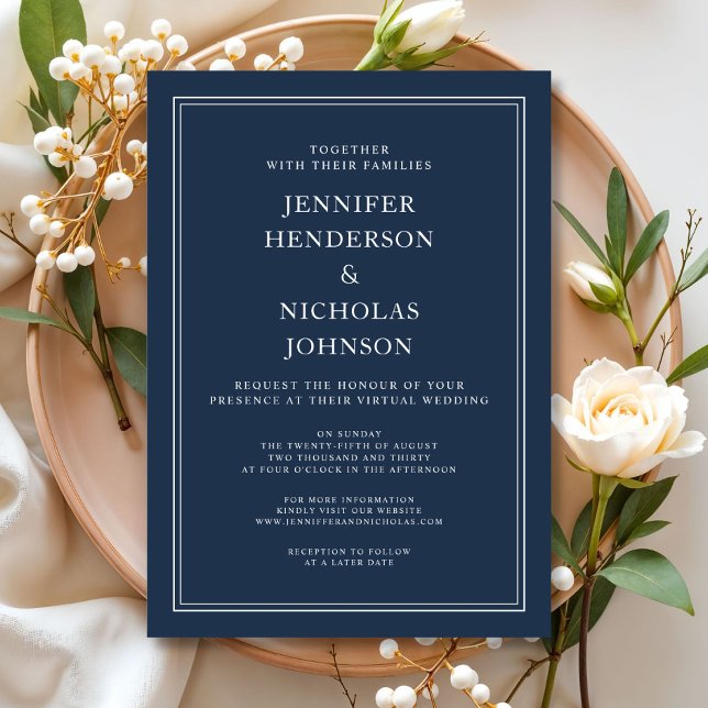Convites Marinho Clássico Moderno Casamento Virtual Azul (Modern Elegant Classic Navy Blue Virtual Wedding Invitation)