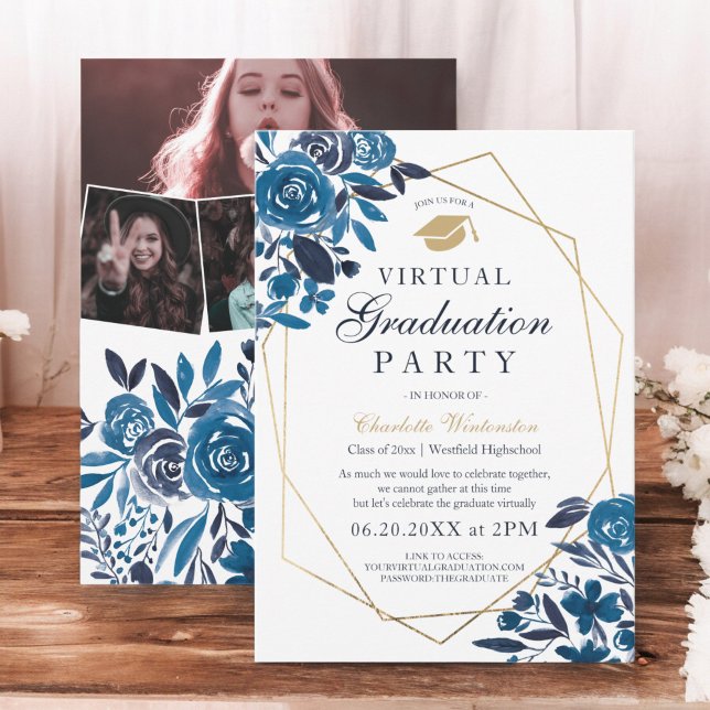 Convites Marinho com fotos de quadro dourado virtual Gradua (Navy floral gold frame photos virtual Graduation Invitation)