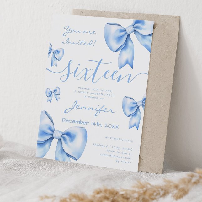 Convites Marinho Coquette Arco Azul Doce 16 Festa (Coquette Navy Blue Bow Sweet 16 Party Invitation)