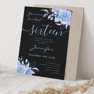 Convites Marinho Coquette Blue Sweet 16 Floral Glam Black