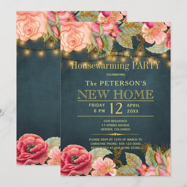 Convites Marinho cor-de-rosa pincelado acende a festa de in (Frente/Verso)