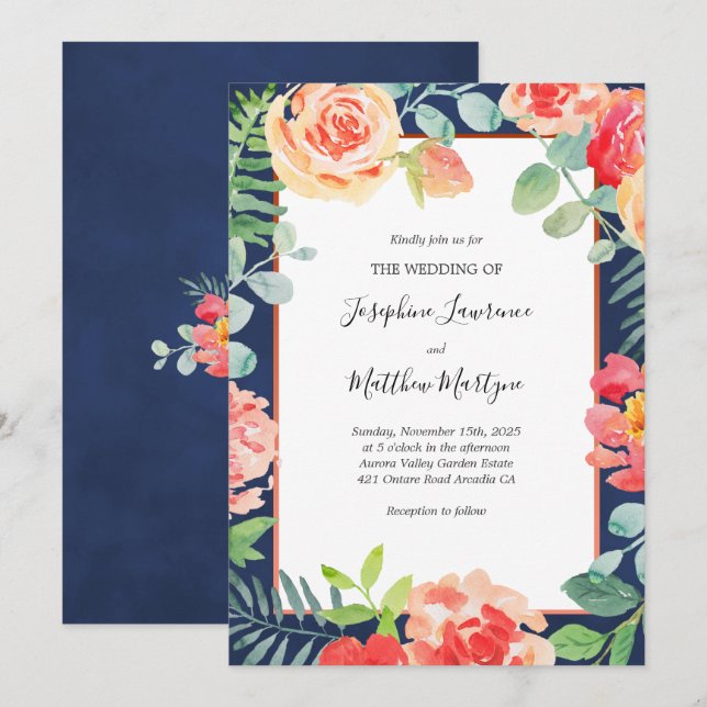 Convites Marinho Coral Floral Bloom Wedding (Frente/Verso)