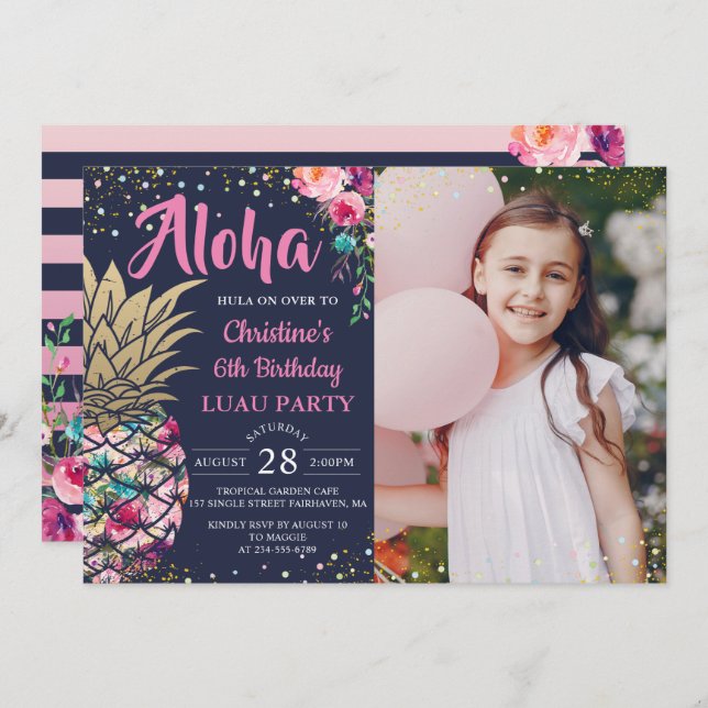 Convites Marinho de abacaxi tropical rosa Foto de aniversár (Frente/Verso)