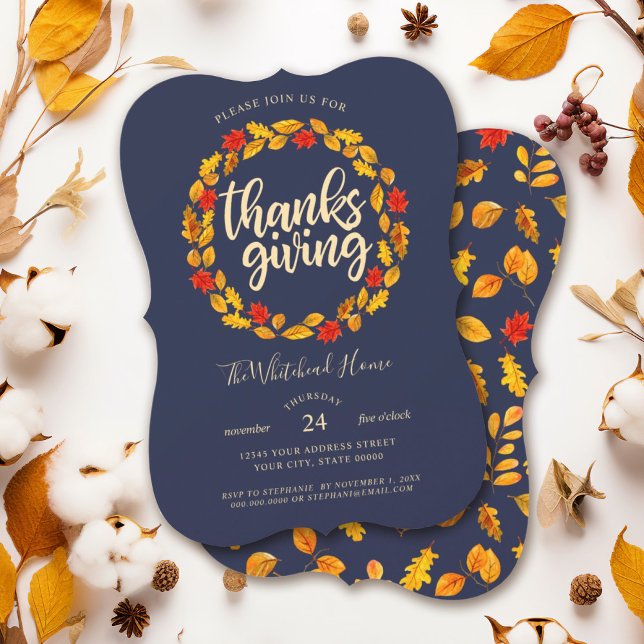Convites Marinho de Ação de Graças Outono deixa coroa (Red and golden yellow leaf wreath Thanksgiving invitation with a leaf pattern watercolor background.)