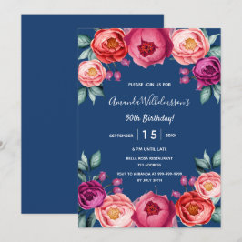 Convites Marinho de aniversário azul-floral rosa púrpura
