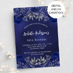 Convites Marinho de aniversário flores azuis elegantes<br><div class="desc">Um fundo azul marinho,  decorado com rosas azuis,  flores. A cor azul é irregular. Personalize e adicione um nome e detalhes da parte. Traseira: marinho azul e falso prata brilha.</div>