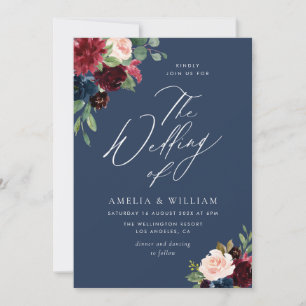 Convites marinho de aquarela, casamento burgundy e blush