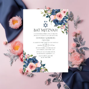 Convites Marinho de Aquarela e Bat Floral Blush Mitzvah