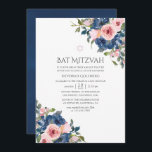 Convites Marinho de Aquarela e Bat Floral Blush Mitzvah<br><div class="desc">Tendy blush cor-de-rosa e azul-marinho floral 1º sindicato sagrado convida personalizável para suas especificações de evento.</div>