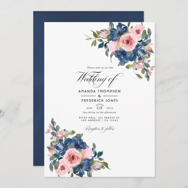 Convites Marinho de Aquarela e Foto Floral de Blush (Frente/Verso)