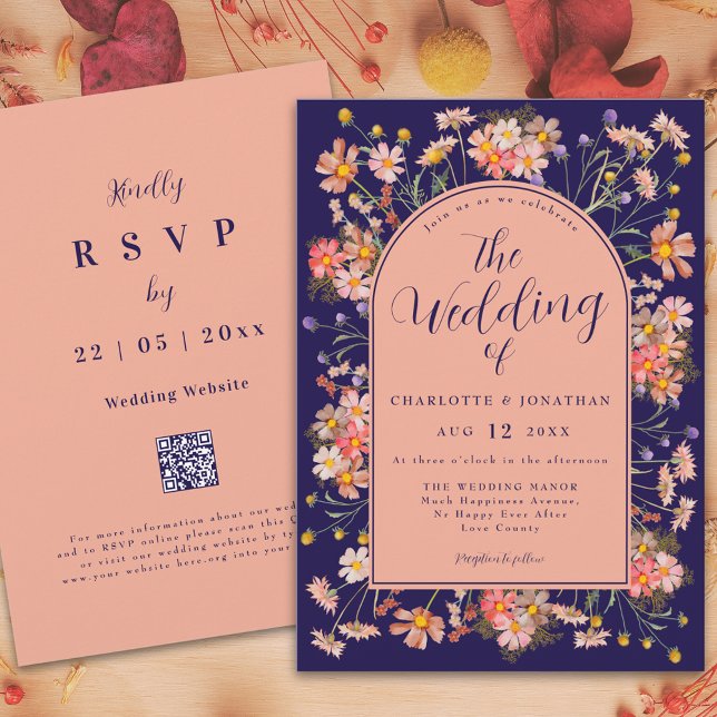 Convites Marinho de Arca Floral Elegante Casamento outono A (Elegant floral arch navy blue peach fall wedding invitation watercolor wildflowers stylish script)