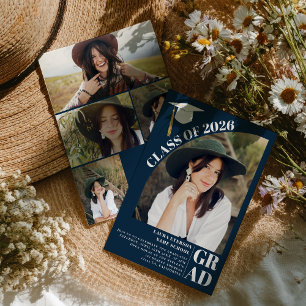 Convites Marinho de arco moderno azul 5 fotos graduadas