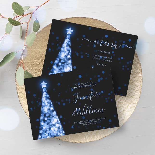 Convites Marinho de Árvore Festiva Xmas Menu de Casamento A (Festive Xmas Tree Navy Blue Wedding Menu Invitation)