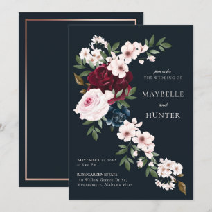 Convites Marinho de Borgonha Água Floral Elegante