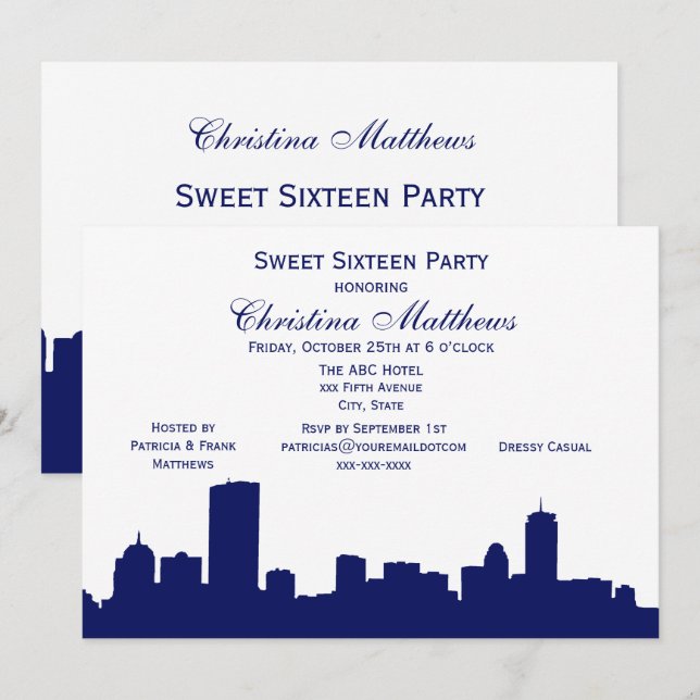 Convites Marinho de Boston Silhouette Sweet 16 Party (Frente/Verso)