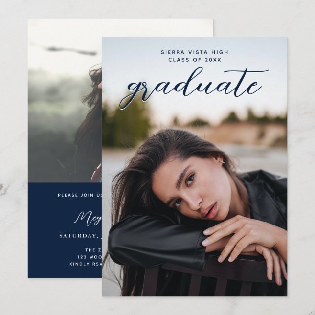 Convites Marinho de Caligrafia Chic Blue 2 Graduação de Fot (Frente/Verso)