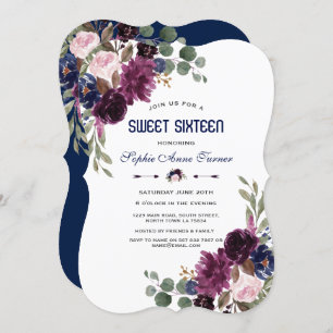 Convites Marinho de Charm Blue Floral Bloom Sweet 16