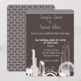 Convites Marinho de Chicago Skyline com renda azul elegante