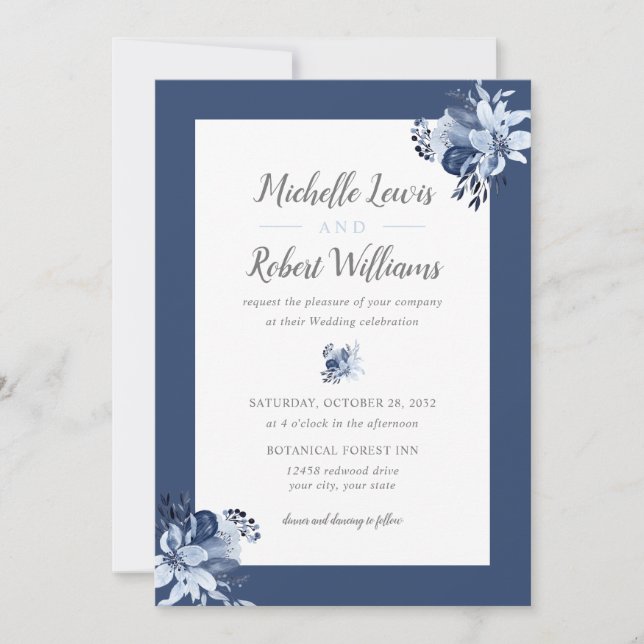 Convites Marinho de Cinza bonito Casamento Floral Azul (Frente)