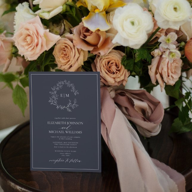 Convites Marinho de Código QR Blue Leafy Crest Monograma Ca (Criador carregado)