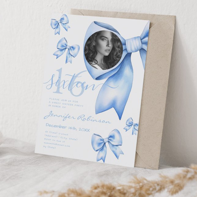 Convites MARINHO  de coquete com cor branca FOTO Arco azul  (PHOTO Cute Coquette Navy Blue Bow Sweet 16 Invitation)