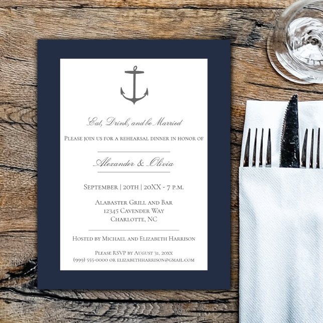 Convites Marinho de ensaio de âncora náutica simples,  Jant (Navy Simple Nautical Anchor Rehearsal Dinner Invitation)