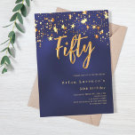 Convites Marinho de estrelas de ouro azul, luxo de 50 anos<br><div class="desc">Um convite moderno e na moda para uma 50ª festa de aniversário para ele e para ela. Decorado com estrelas ouros. Fundo azul marinho e a palavra 50 escrita com letras douradas falsas grandes. A cor azul é irregular. Personalize e adicione um nome e detalhes da parte.</div>